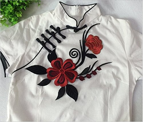 FEEPOP 1pcs Big Piece Red Flower Embroidered Iron-on Patches(11.8X7.9 inch, with Glue on Back) - Image 3