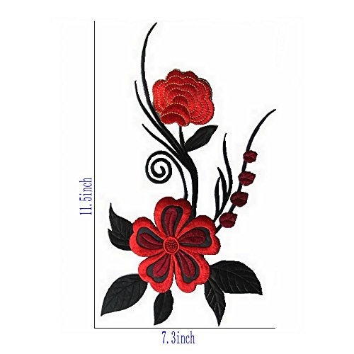 FEEPOP 1pcs Big Piece Red Flower Embroidered Iron-on Patches(11.8X7.9 inch, with Glue on Back) - Image 2