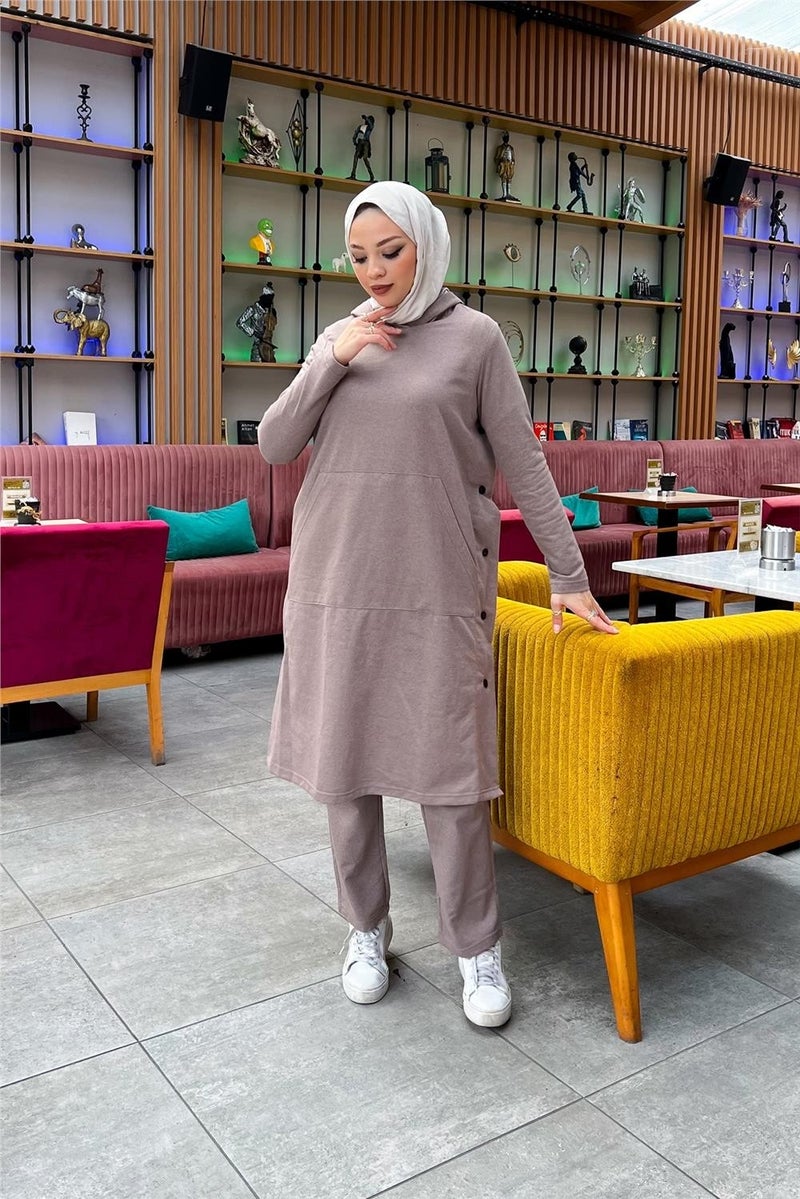 Sevda Hooded Side Snap Plain Basic Long Tunic and Trousers Double Sports Suit - 03071 - Vizon - Image 4