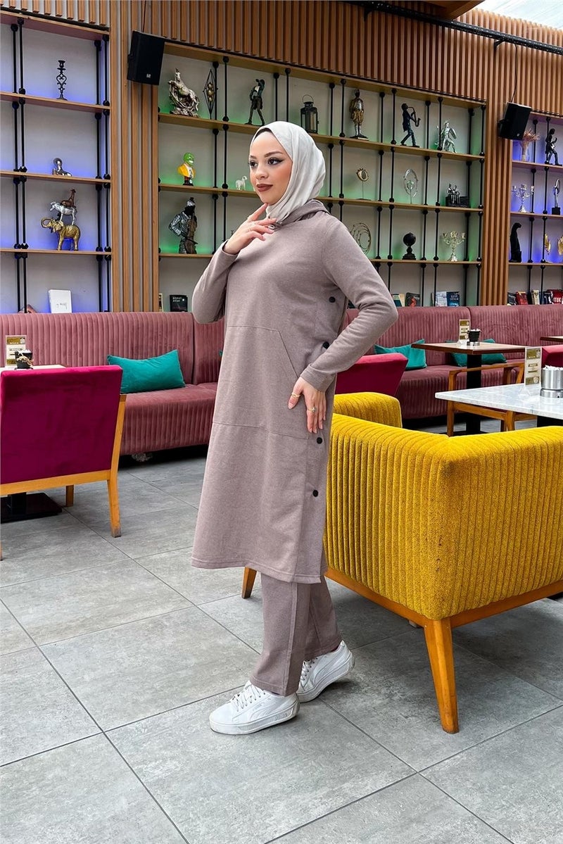 Sevda Hooded Side Snap Plain Basic Long Tunic and Trousers Double Sports Suit - 03071 - Vizon - Image 1