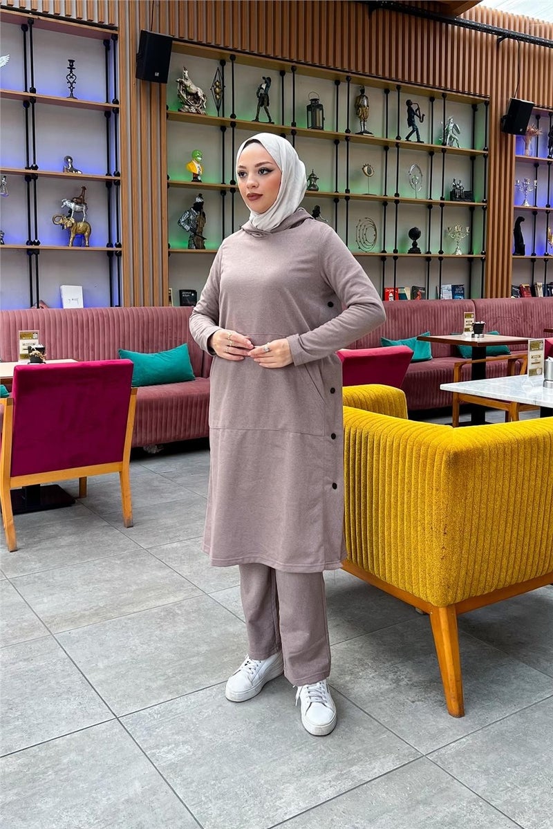 Sevda Hooded Side Snap Plain Basic Long Tunic and Trousers Double Sports Suit - 03071 - Vizon - Image 2