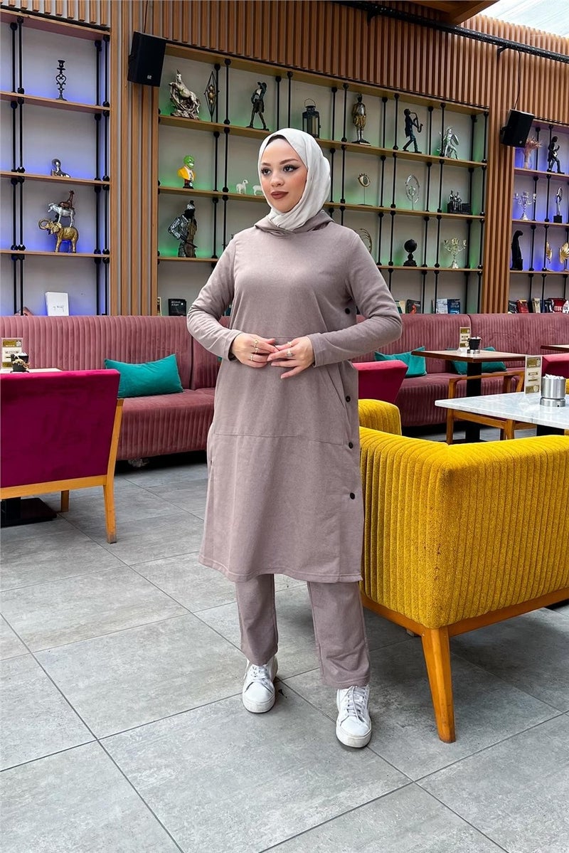 Sevda Hooded Side Snap Plain Basic Long Tunic and Trousers Double Sports Suit - 03071 - Vizon - Image 5