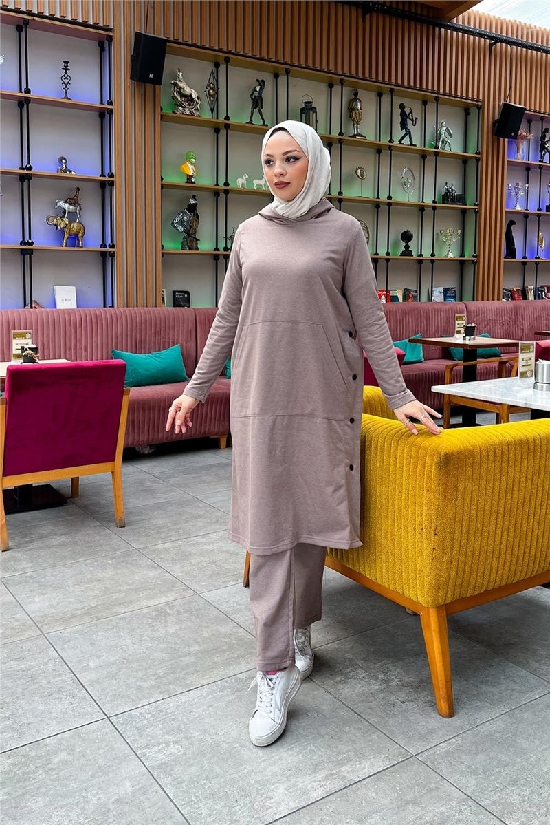 Sevda Hooded Side Snap Plain Basic Long Tunic and Trousers Double Sports Suit - 03071 - Vizon - Image 3
