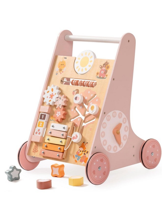 ROBUD Wooden Baby Walker, Baby Push Walker with Activity Center and Storage, Montessori Walker Toy for Boys and Girls Learning to Stand and Walk, Pink - Image 1