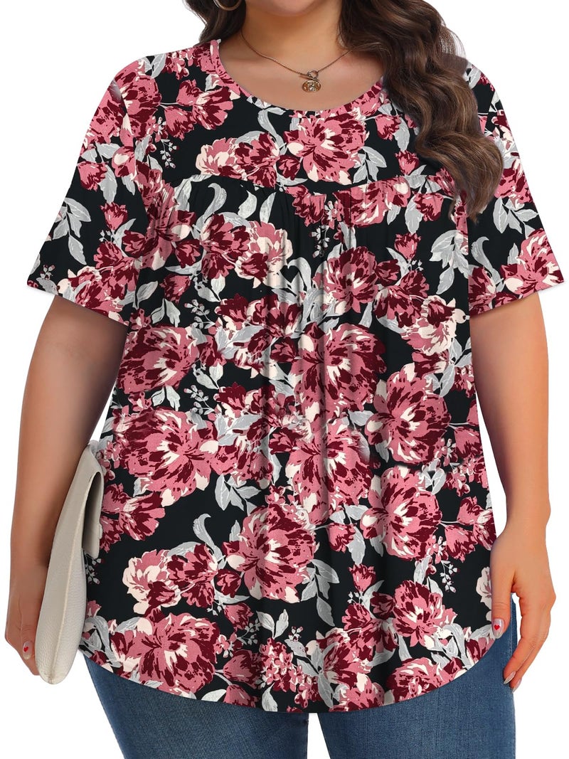 Tencede Womens Plus Size Tops Tunic Short Sleeve Crew Neck Shirts Casual Soft Blouse Retro Flower 3X - Image 3