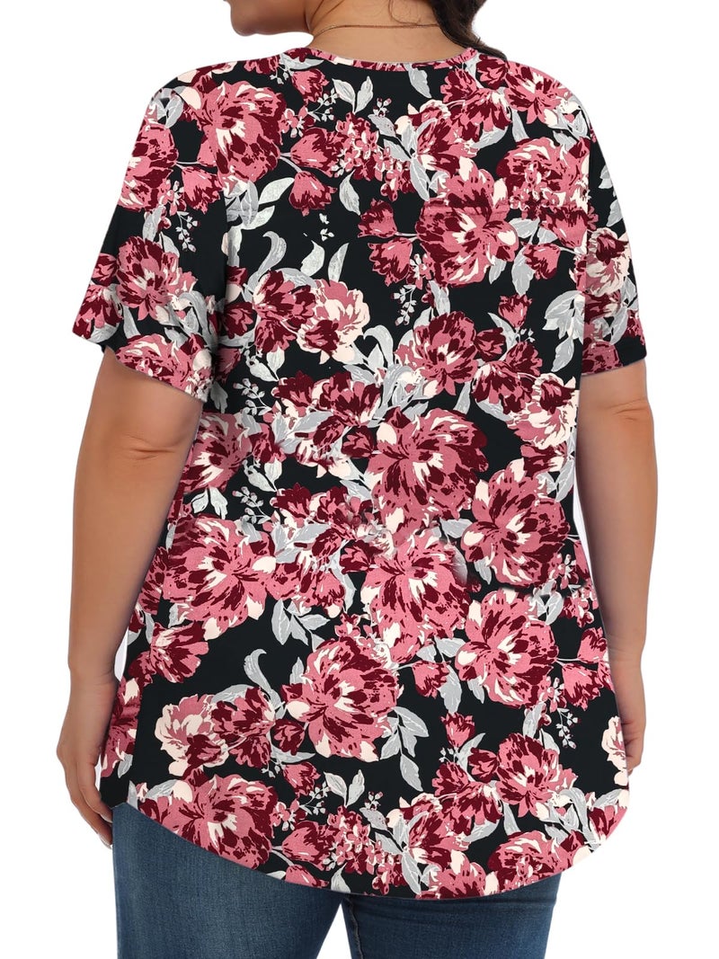 Tencede Womens Plus Size Tops Tunic Short Sleeve Crew Neck Shirts Casual Soft Blouse Retro Flower 3X - Image 4