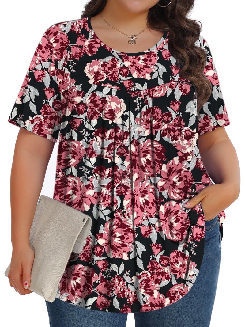 Tencede Womens Plus Size Tops Tunic Short Sleeve Crew Neck Shirts Casual Soft Blouse Retro Flower 3X - Image 1