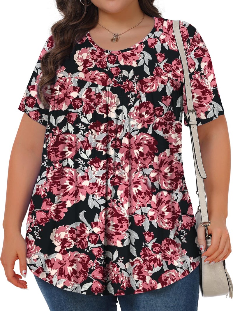 Tencede Womens Plus Size Tops Tunic Short Sleeve Crew Neck Shirts Casual Soft Blouse Retro Flower 3X - Image 2