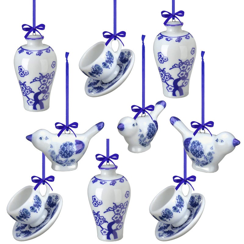 Funtery 9Piece Blue  White Porcelain Ornaments  Chinoiserie Fall Pumpkin Decor Hanging Pendants  Ceramic Christmas Tree Ornaments for Christmas  Autumn Decoration Vivid Style