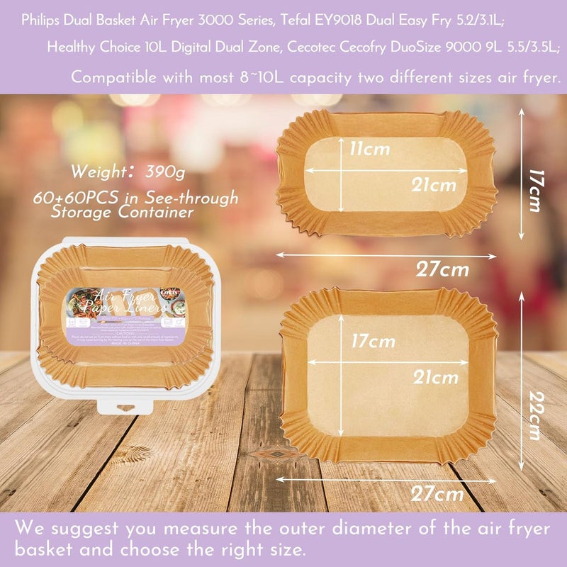 Enkis Air Fryer Liners, 60+60 Pcs Disposable Parchment Paper Liners for Philips Air Fryer 3000 Series Dual Basket - Image 2