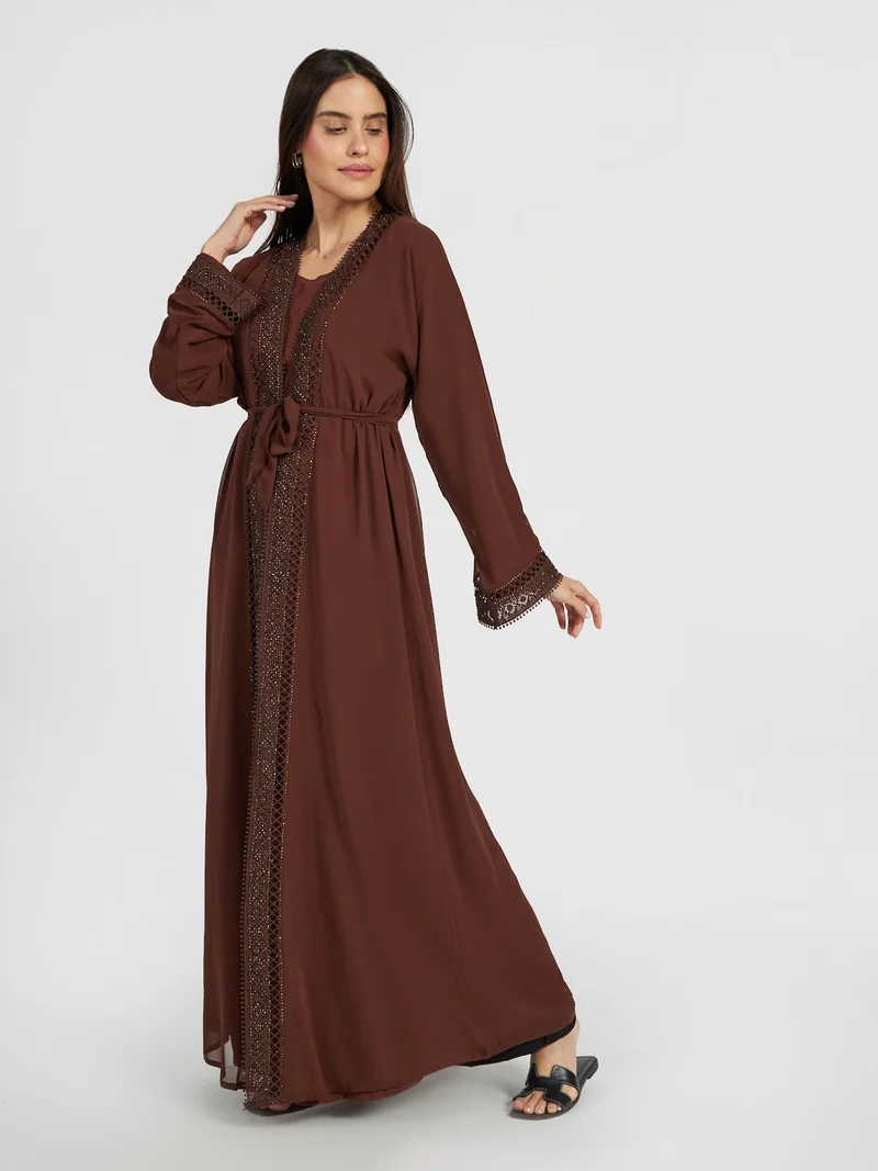عباءات ريم Deep Coffee Brown Modest Abaya Set with Intricate Embroidery & Belt