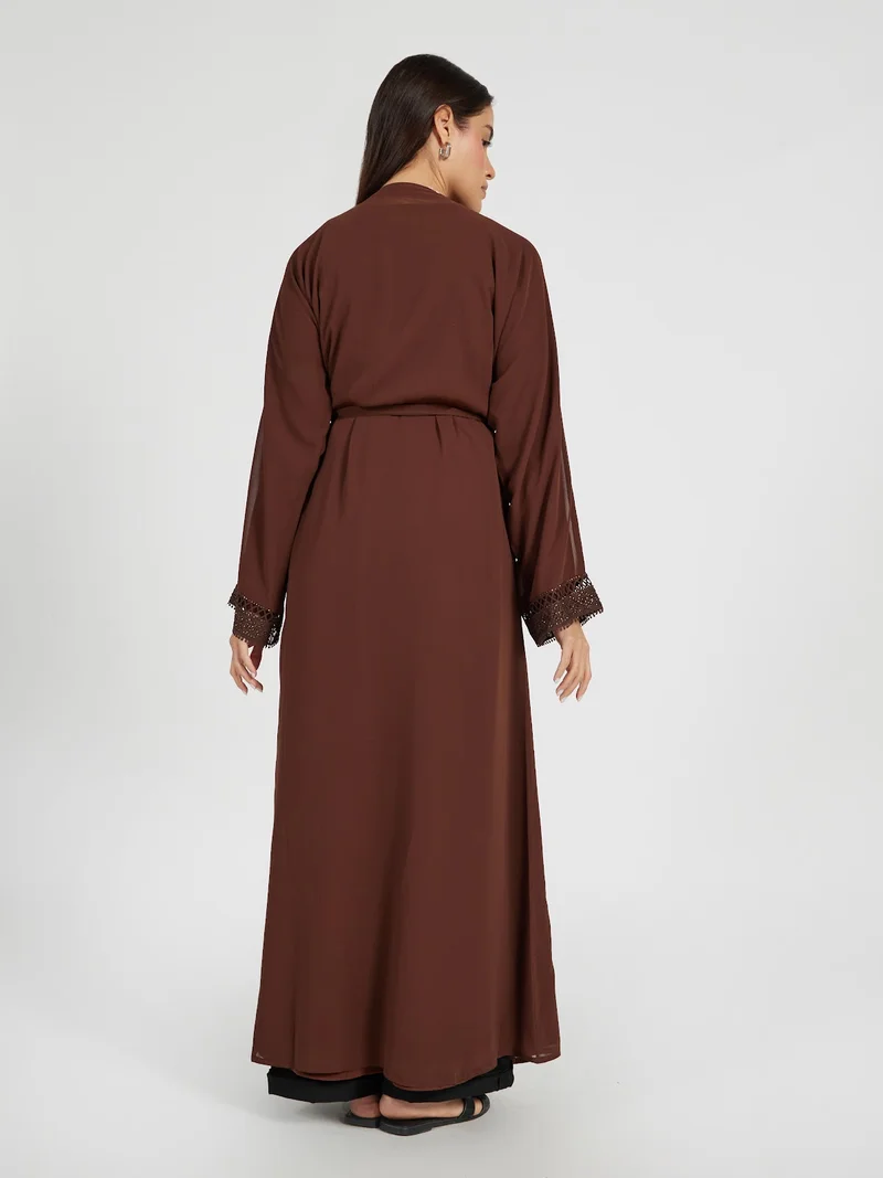 Reem Abayas  Deep Coffee Brown Modest Abaya Set with Intricate Embroidery & Belt for Women | Best Price UAE