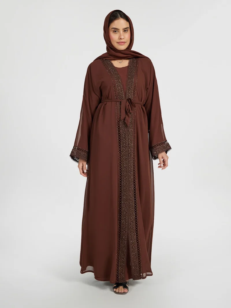 عباءات ريم Deep Coffee Brown Modest Abaya Set with Intricate Embroidery & Belt