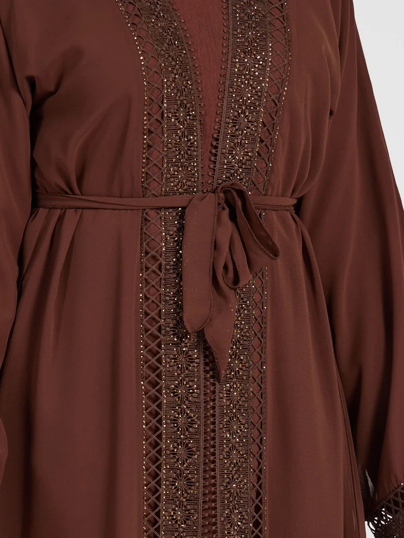 Reem Abayas  Deep Coffee Brown Modest Abaya Set with Intricate Embroidery & Belt for Women | Best Price UAE