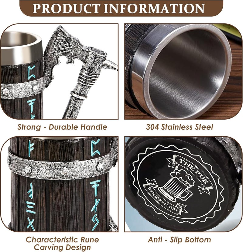 INSYOHO Viking Beer Mug 20oz Stainless Steel Double Wall Heavy Mug, Hand-Carved Oak with Norse Runes, Axe Handle Tankard Gifts for Men Medieval Drinking Cup, Cool Beer Stein for Home Bar Viking Decor - Image 4