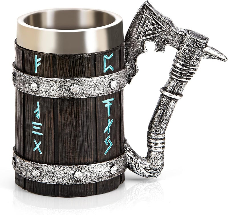 INSYOHO Viking Beer Mug 20oz Stainless Steel Double Wall Heavy Mug, Hand-Carved Oak with Norse Runes, Axe Handle Tankard Gifts for Men Medieval Drinking Cup, Cool Beer Stein for Home Bar Viking Decor - Image 1