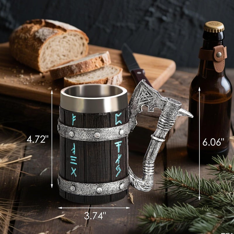 INSYOHO Viking Beer Mug 20oz Stainless Steel Double Wall Heavy Mug, Hand-Carved Oak with Norse Runes, Axe Handle Tankard Gifts for Men Medieval Drinking Cup, Cool Beer Stein for Home Bar Viking Decor - Image 2