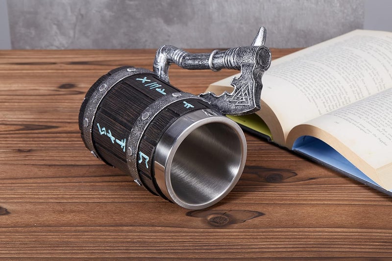 INSYOHO Viking Beer Mug 20oz Stainless Steel Double Wall Heavy Mug, Hand-Carved Oak with Norse Runes, Axe Handle Tankard Gifts for Men Medieval Drinking Cup, Cool Beer Stein for Home Bar Viking Decor - Image 5