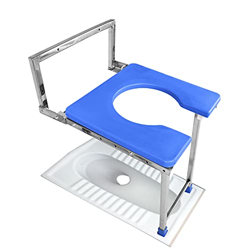 NEOSAFE Stainless Steel Premium Folding Shower Bathing Room Wall Mount Commode Stool Indian Toilet Seat for Elderly Disabled man and Pregant Women Support - Blue (120Kg, Set of 1) - Image 1