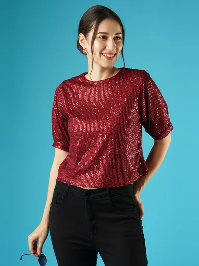 globus Women Round Neck Puff Sleeves Sequined Party Top