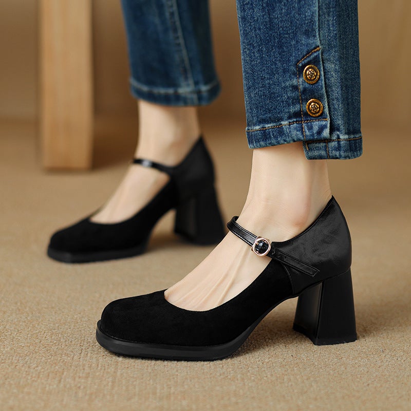In The Spring Of 2024 Elegant High-Heeled Women'S Shoes 33-43 Square Head Size Size Stitching Shallow Mouth Single Shoes - Image 2