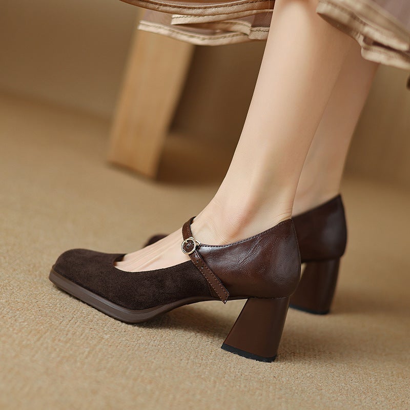 In The Spring Of 2024 Elegant High-Heeled Women'S Shoes 33-43 Square Head Size Size Stitching Shallow Mouth Single Shoes - Image 5