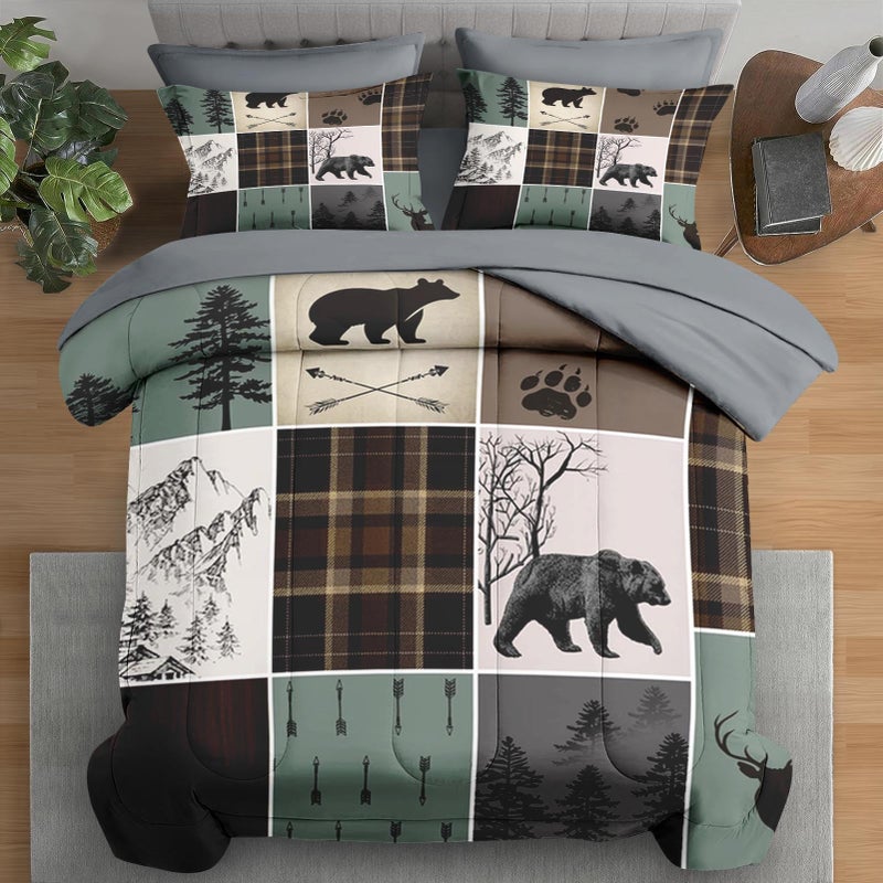 Pamnest 7 Pcs Comforter Set Full Size Wildlife Hunting Deer Bedding Set for Kids and Adults Vintage Winter Animal Bear Plaid Bed Sheet Sets with Fitted Sheet 2 Pillowcases 2 Shams - Image 2