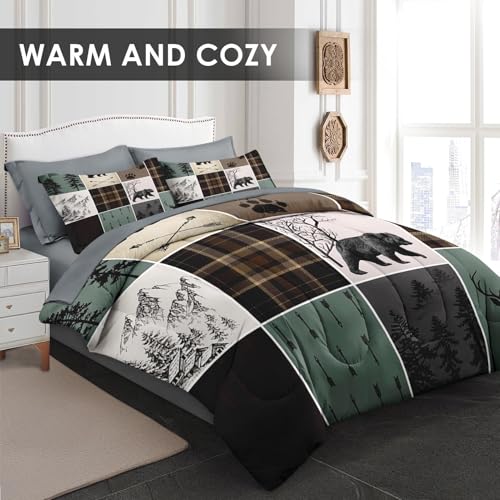 Pamnest 7 Pcs Comforter Set Full Size Wildlife Hunting Deer Bedding Set for Kids and Adults Vintage Winter Animal Bear Plaid Bed Sheet Sets with Fitted Sheet 2 Pillowcases 2 Shams - Image 3
