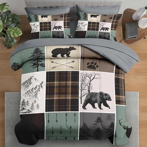 Pamnest 7 Pcs Comforter Set Full Size Wildlife Hunting Deer Bedding Set for Kids and Adults Vintage Winter Animal Bear Plaid Bed Sheet Sets with Fitted Sheet 2 Pillowcases 2 Shams - Image 1