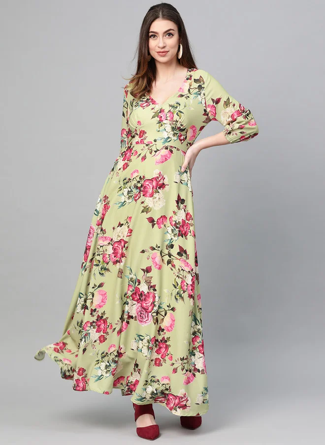 Lime Green & Pink Floral Maxi Dress for Women