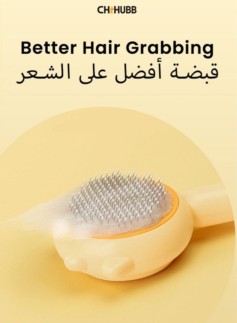 CHIHUBB Self-Cleaning Cat & Dog Grooming Brush – 140° Curved Stainless Teeth, Anti-Static, One-Click Shedding Remover, Easy to Wash – for Long & Short Hair – Yellow - Image 2