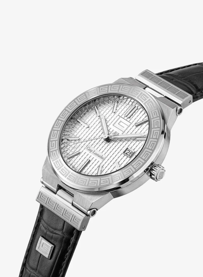 Guy Laroche Sacha Silver Dial and Black Leather Strap Analog Watch for Men 42mm