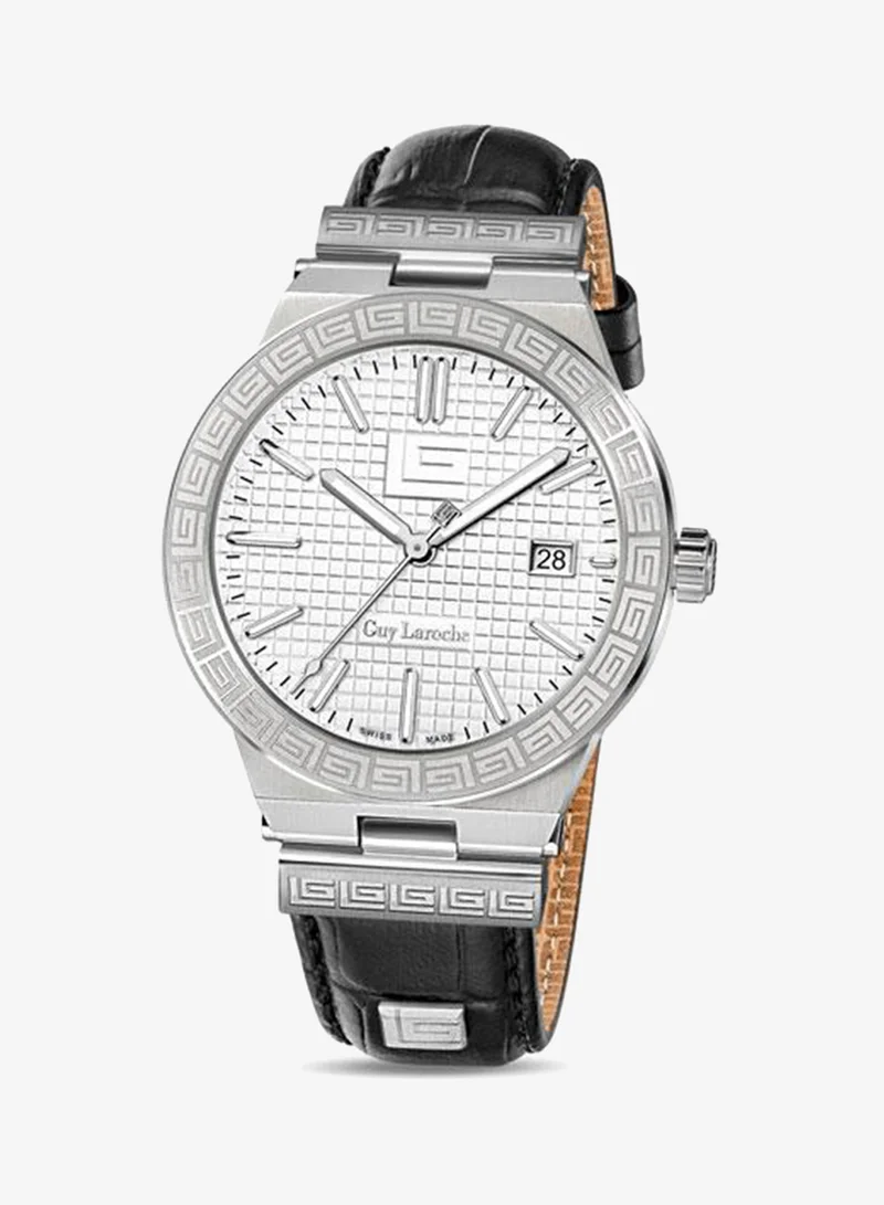 Guy Laroche Sacha Silver Dial and Black Leather Strap Analog Watch for Men 42mm