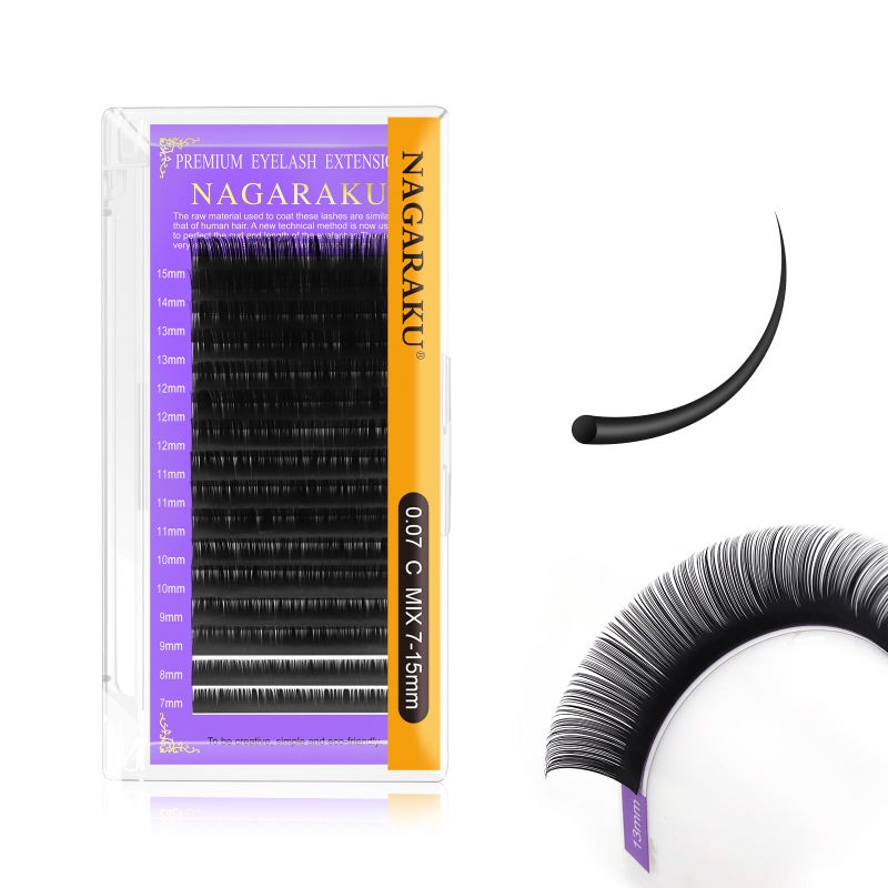 NAGARAKU Eyelash Extensions 0.07mm C curl 7-15mm Mix Tray Individual Lashes Classic Matte Black Faux Mink 16 Rows Professional Beauty Salon Supplies - Purple Card - Image 1