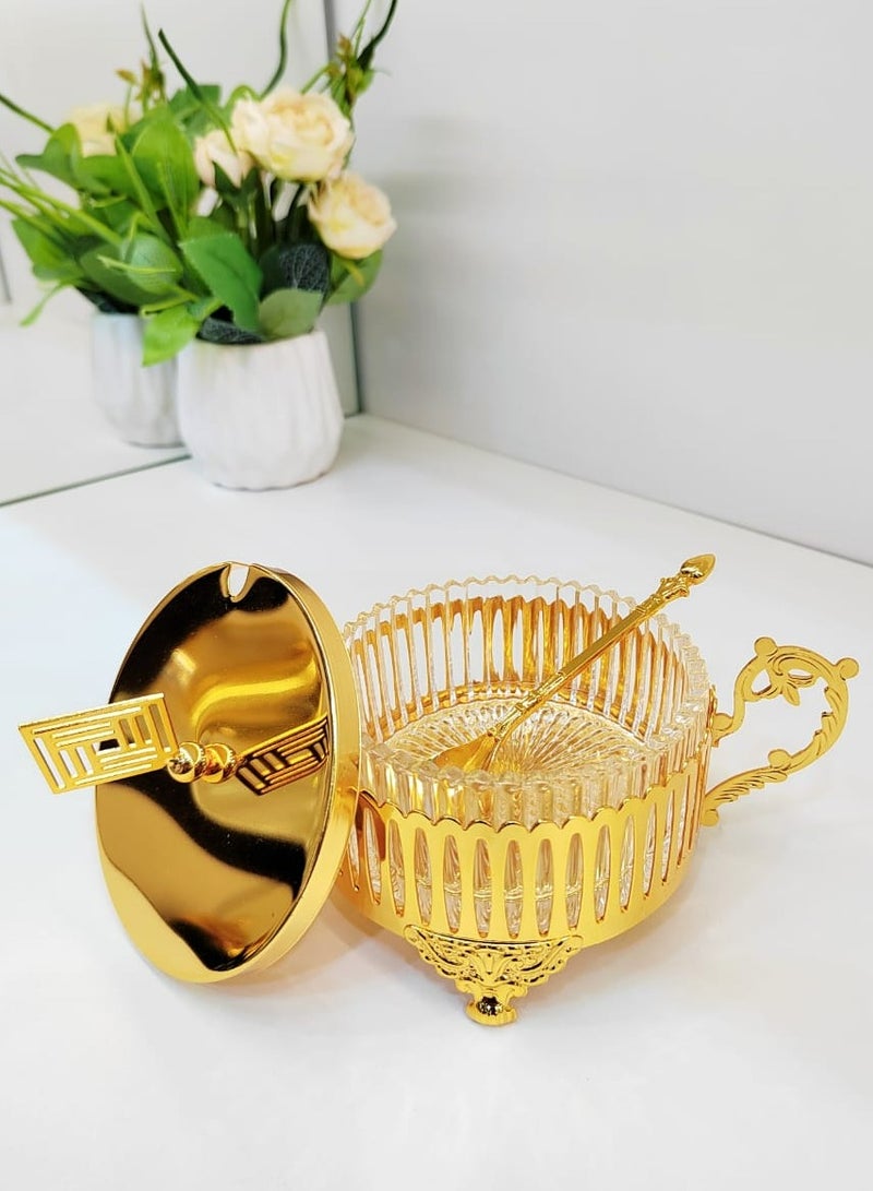 Radin Sugar Bowl with Lid and Spoon Metal Sugar Bowl with Spoon, Sugar Container for Coffee Bar, Sugar Jar Sugar Dispenser Bowl, Golden Kitchen Decor and Accessories - Image 1