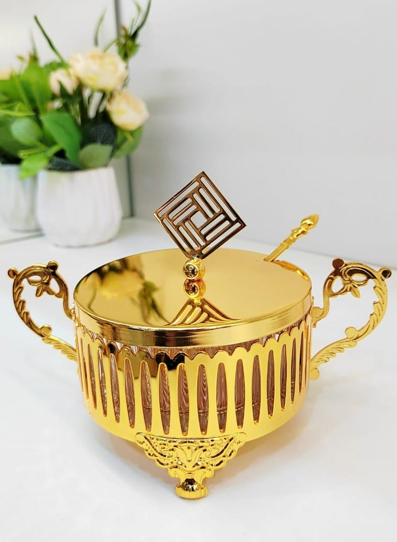 Radin Sugar Bowl with Lid and Spoon Metal Sugar Bowl with Spoon, Sugar Container for Coffee Bar, Sugar Jar Sugar Dispenser Bowl, Golden Kitchen Decor and Accessories - Image 2