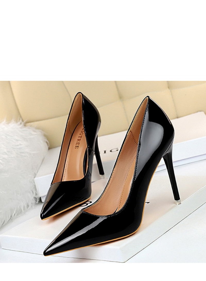 BIGTREE 10.5CM Fashion Simple Slim Heels With Bright Surface Patent Leather Shallow Mouth Pointed Head Slim Women's Heels Black  - Image 1