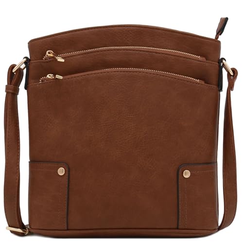 ALYSSA Triple Zip Pocket Large Crossbody Bag (Brown) - Image 1