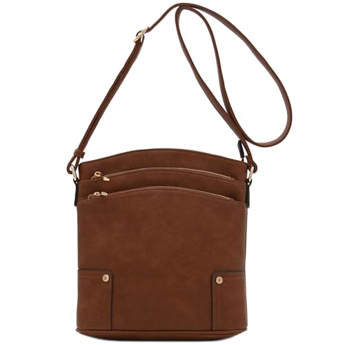 ALYSSA Triple Zip Pocket Large Crossbody Bag (Brown) - Image 2