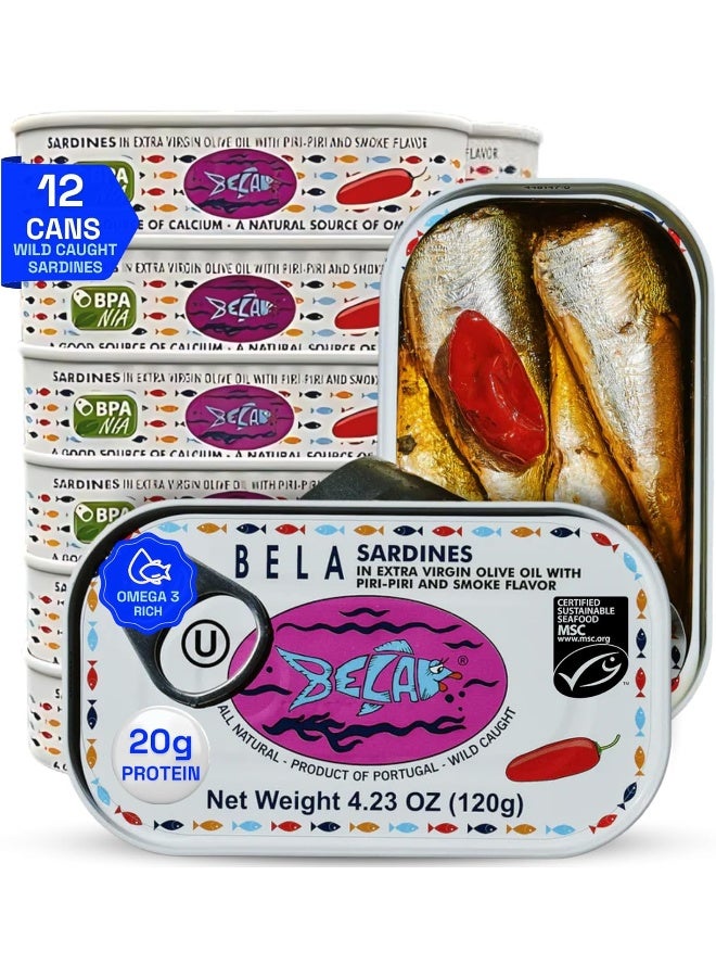 BELA Wild Caught Portuguese Sardines - Lightly Smoked and Marinated in Piri Piri Flavored Extra Virgin Olive Oil | 4.25 Oz (Pack of 12) | All Natural, High Protein, Hand Selected, Sea Salted, & Omega 3 Rich - Image 1