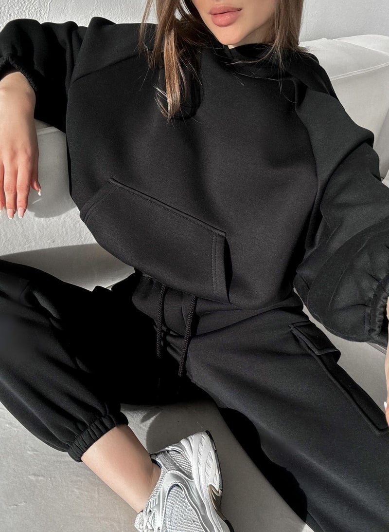 NIBEMINENT Solid Casual Two-piece Set, Long Sleeve Crew Neck Sweatshirt & Drawstring Waist Jogger Pants Outfits, Women's Clothing  - Image 2