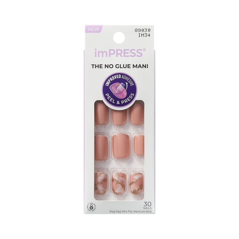 Impress KISS imPRESS No Glue Mani Press On Nails, Design, 'Kingdom', Pink, Short Size, Squoval Shape, Includes 30 Nails, Prep Pad, Instructions Sheet, 1 Manicure Stick, 1 Mini File - Image 1