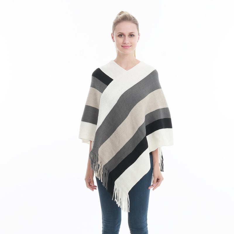 New Hot Spring and Autumn Pullover Cloak Shawl Tassel Warm Knitted Large Size Loose Blouse Cloak Top Spot White 