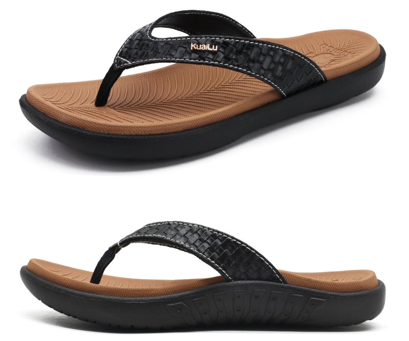 KuaiLu Flip Flops for Women Ladies Yoga Mat Comfortable Sport Walking Thong Sandal With Plantar Fasciitis Arch Support Slip-on Slides Indoor Outdoor For Summer Size 9 Khaki Black - Image 1