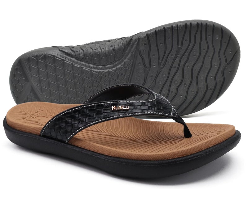 KuaiLu Flip Flops for Women Ladies Yoga Mat Comfortable Sport Walking Thong Sandal With Plantar Fasciitis Arch Support Slip-on Slides Indoor Outdoor For Summer Size 9 Khaki Black - Image 4