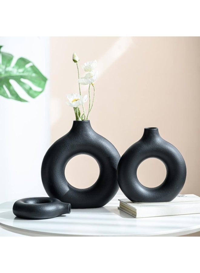 NAMA black concrete Vase Set of 3, Round Hollow Matte Donut Flower Vases, Modern Boho Pampas Grass Decorative Vase for Wedding, Living Room, Office, Entrance, Mantle, Dining Table, Shelf Decoration Vase (without flowers) - Image 4