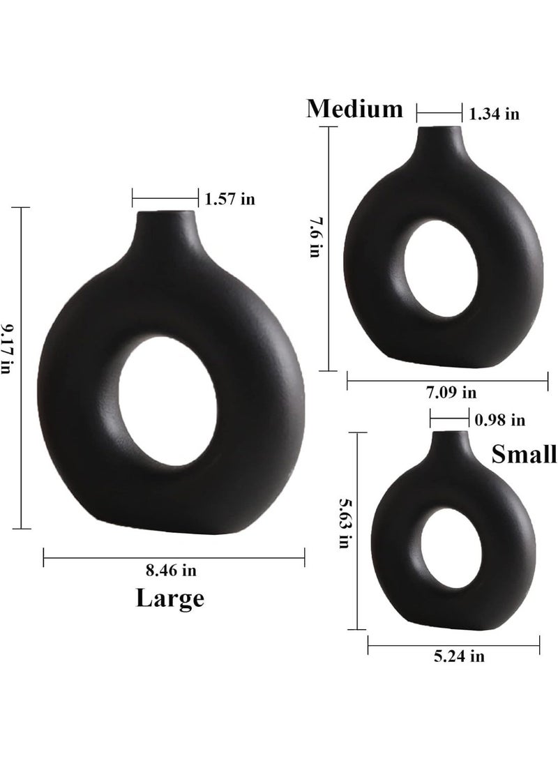 NAMA black concrete Vase Set of 3, Round Hollow Matte Donut Flower Vases, Modern Boho Pampas Grass Decorative Vase for Wedding, Living Room, Office, Entrance, Mantle, Dining Table, Shelf Decoration Vase (without flowers) - Image 3