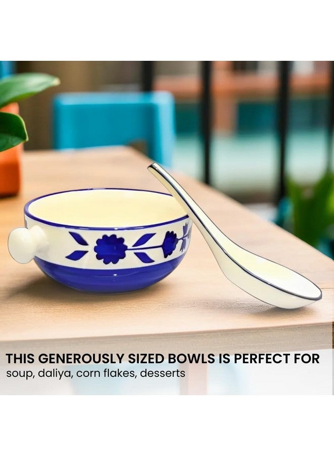 KITTENS Ceramic Soup Bowls 350ml - Set of 2 - Blue Floral Handpainted with Spoons | Microwave & Dishwasher Safe | Food Grade | Ideal for Soup, Maggi, Pasta, Snacks & Daily Use - Image 2