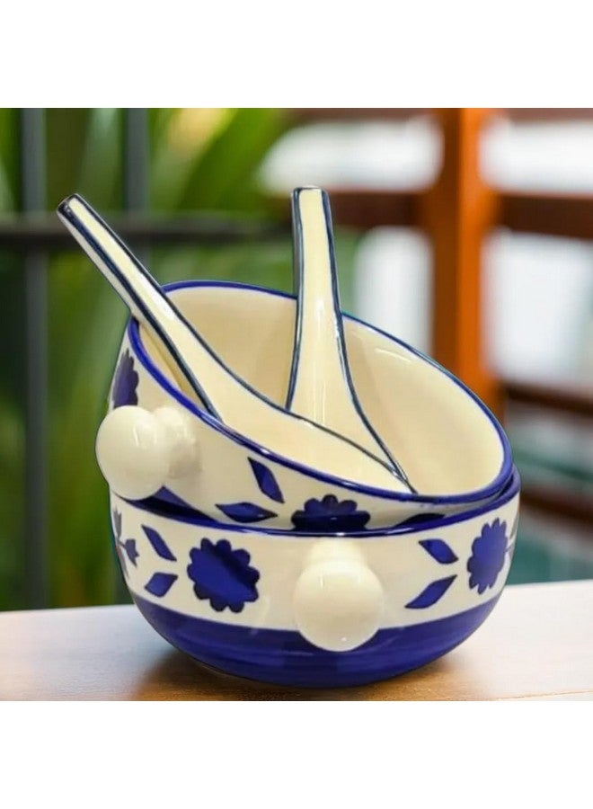 KITTENS Ceramic Soup Bowls 350ml - Set of 2 - Blue Floral Handpainted with Spoons | Microwave & Dishwasher Safe | Food Grade | Ideal for Soup, Maggi, Pasta, Snacks & Daily Use - Image 1