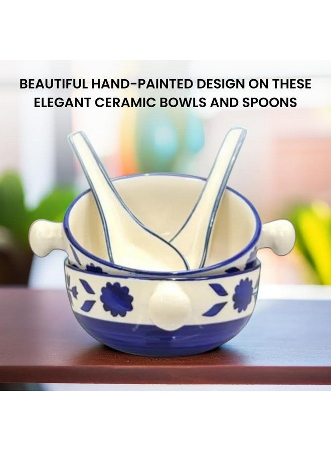 KITTENS Ceramic Soup Bowls 350ml - Set of 2 - Blue Floral Handpainted with Spoons | Microwave & Dishwasher Safe | Food Grade | Ideal for Soup, Maggi, Pasta, Snacks & Daily Use - Image 3